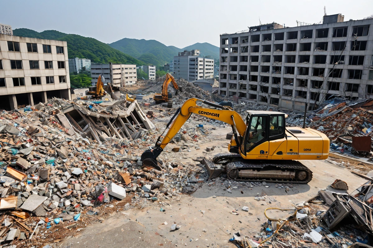 경상남도 창원시 진해구 대영동의 폐업 건물 철거 현장에서 철거 작업 중인 장비가 정리된 모습. 철거된 건물 잔해와 폐기물 처리 장비가 분리되어 배치된 현실적인 장면.