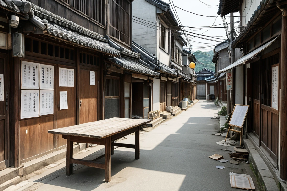경화동 상가 주변의 조용한 골목길에서, 철거 작업을 방해하지 않도록 주변 건물과의 거리를 고려한 철거 계획서가 테이블 위에 놓여 있는 모습. 주변 상가의 간판과 건물 구조가 자연스