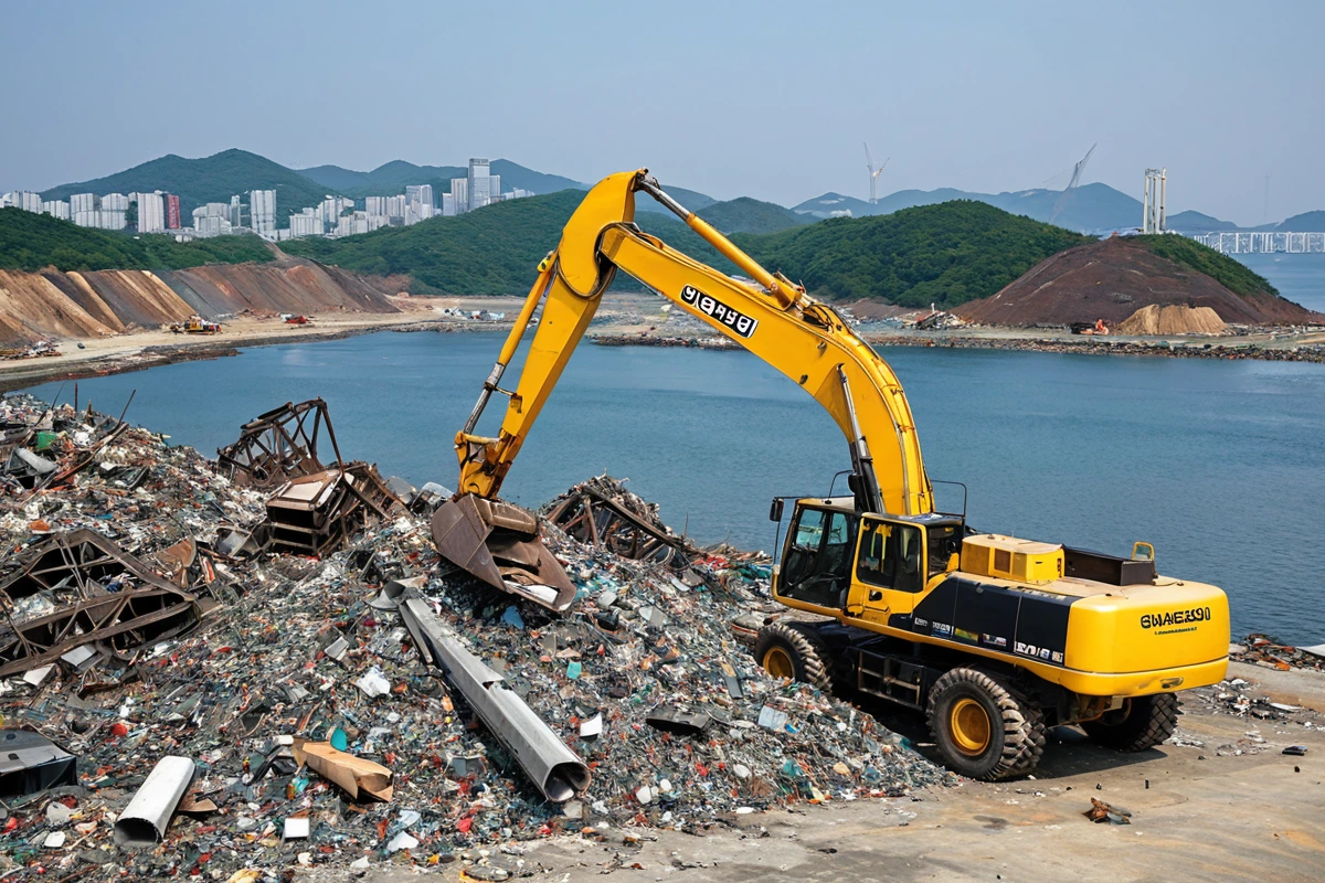 대죽동의 철거 현장에서 철거 장비가 철골 구조물을 안전하게 분리하고 있는 장면. 철거 비용 절감을 위한 폐기물 처리 구역이 정리되어 있으며, 경상남도 창원시 진해구의 지역 특성을