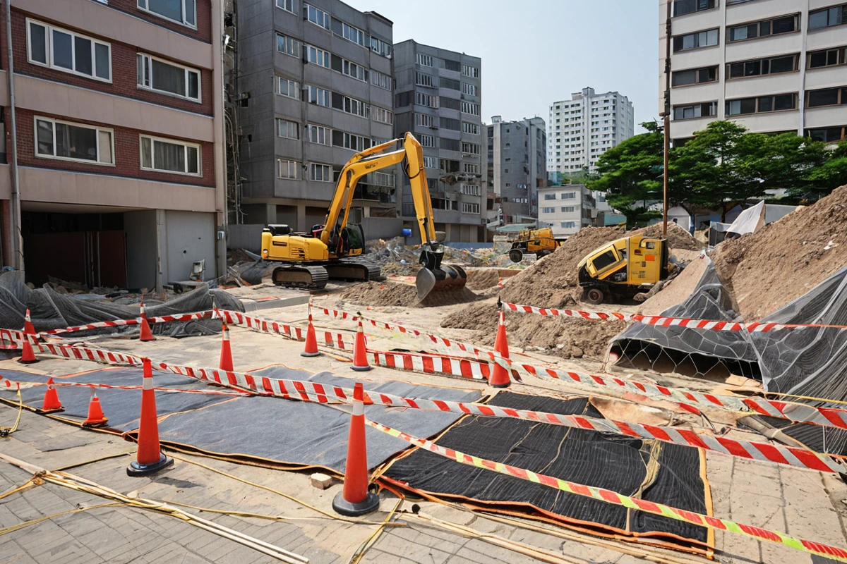 대죽동 지역의 주택가에서 철거 현장과 인접 건물 간의 안전 거리를 측정하는 레이저 거리계가 보이는 장면, 철거 과정에서 발생할 수 있는 진동과 파편을 방지하기 위한 안전 계획 수립