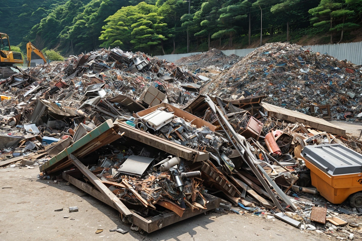 진해구 근화동에서 진행된 철거 작업 후 남은 철재와 목재가 재활용을 위해 정리된 장면. 구조물의 잔해가 제거된 청결한 공간에서 재료가 분류되어 있습니다.