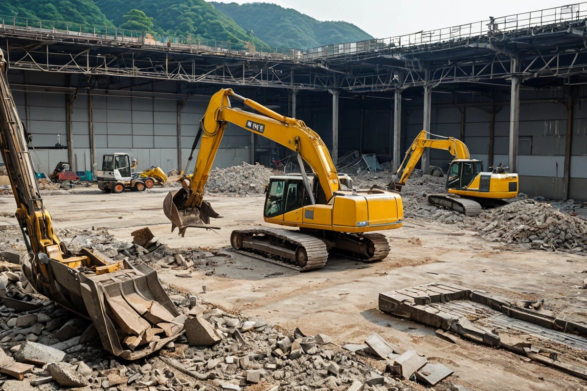 진해구 내 창고 철거 현장에서 전문 업체의 장비가 철거 작업 중인 모습. 철거된 공간은 깨끗하게 정리되고, 주변에 지역 특화 서비스를 알리는 간단한 표지판이 보이지 않습니다.