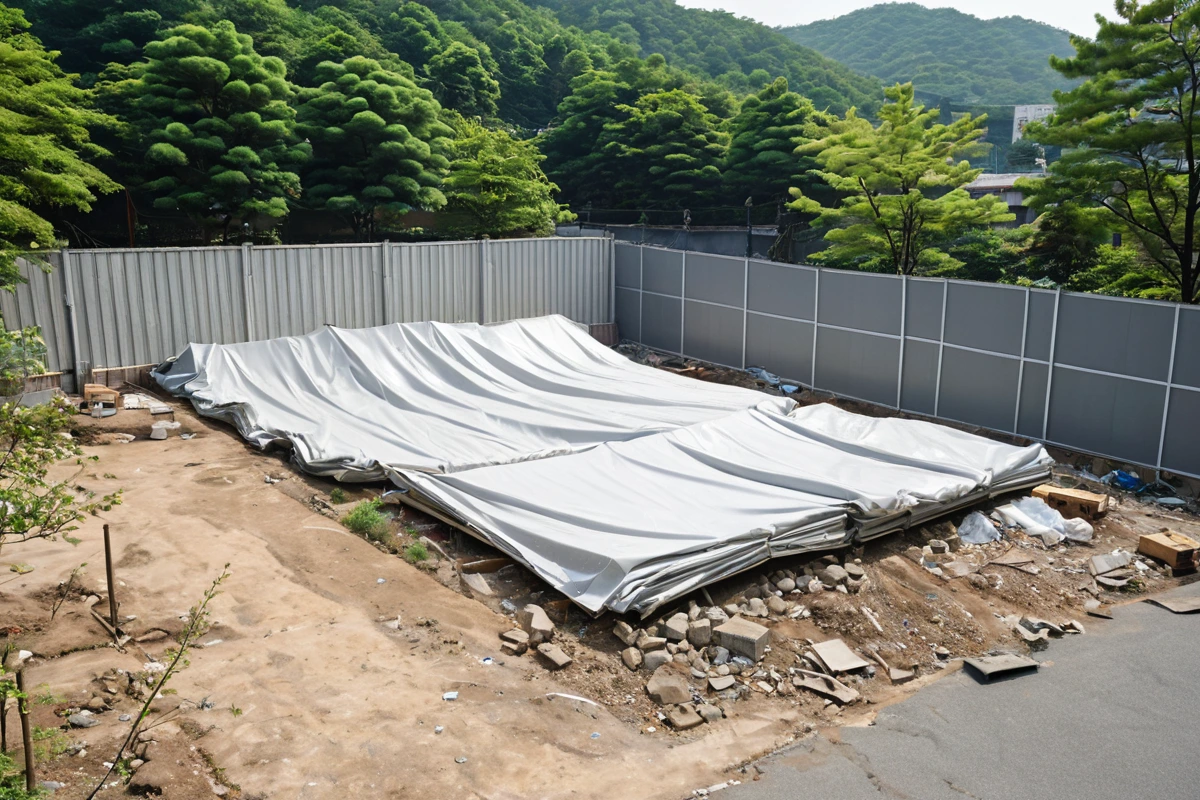 진해구 주거지 인근의 창고 철거 현장에서 먼지 방지용 비닐 천으로 덮인 구조물과 소음 차단용 패널이 설치된 모습, 주변에 나무와 작은 공원이 보이는 도시 환경