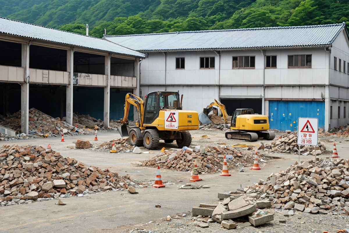 진해구 지역 창고 철거 현장의 전경. 철거 중인 구조물 주변에 안전 경고 표지판과 철거 장비가 정리되어 있으며, 주변 건물과의 거리가 안전하게 유지된 모습입니다.