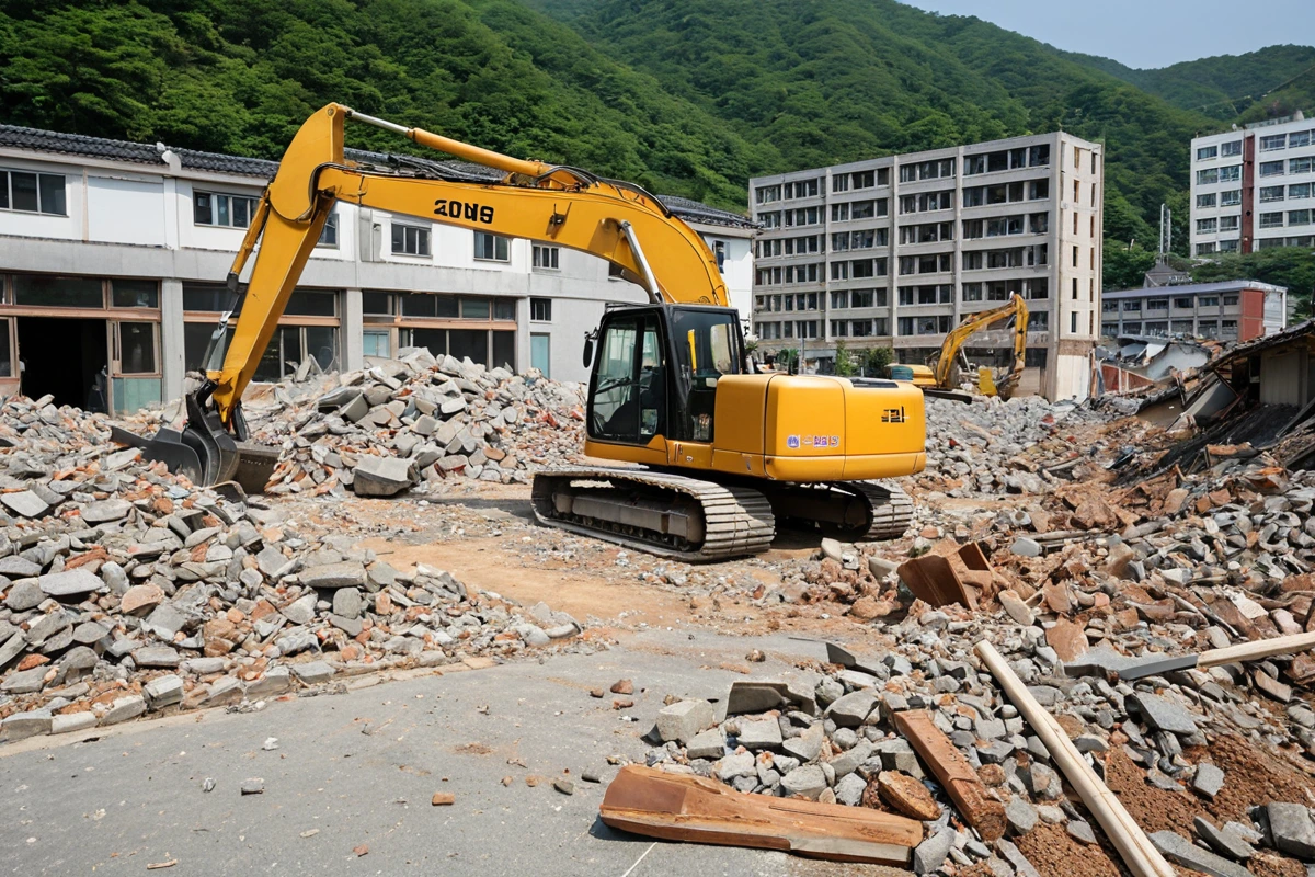 진해구 회현동 지역의 철거 전문 업체가 작업 중인 현장. 철거된 바닥의 잔해가 정리된 공간에 철거 장비가 배치되어 있고, 주변 건물의 외관이 보인다.