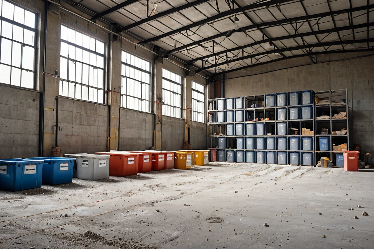 창고 내부에서 물품이 철제 용기에 정리되어 있는 모습. 철제 용기에는 '분류: 유용품', '분류: 폐기물' 등의 라벨이 붙어 있으며, 배경은 청소된 창고 바닥과 철거 준비 중인 창