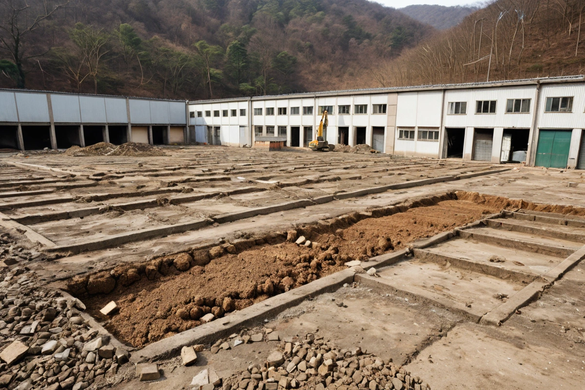 창고 철거 후 원상복구 과정에서 흙과 잔해가 제거된 평탄한 토지와 복구를 위한 흙 덮개가 놓인 모습. 진해구 지역의 창고 철거 후 원상복구 절차가 완료된 자연스러운 장면을 보여줍니