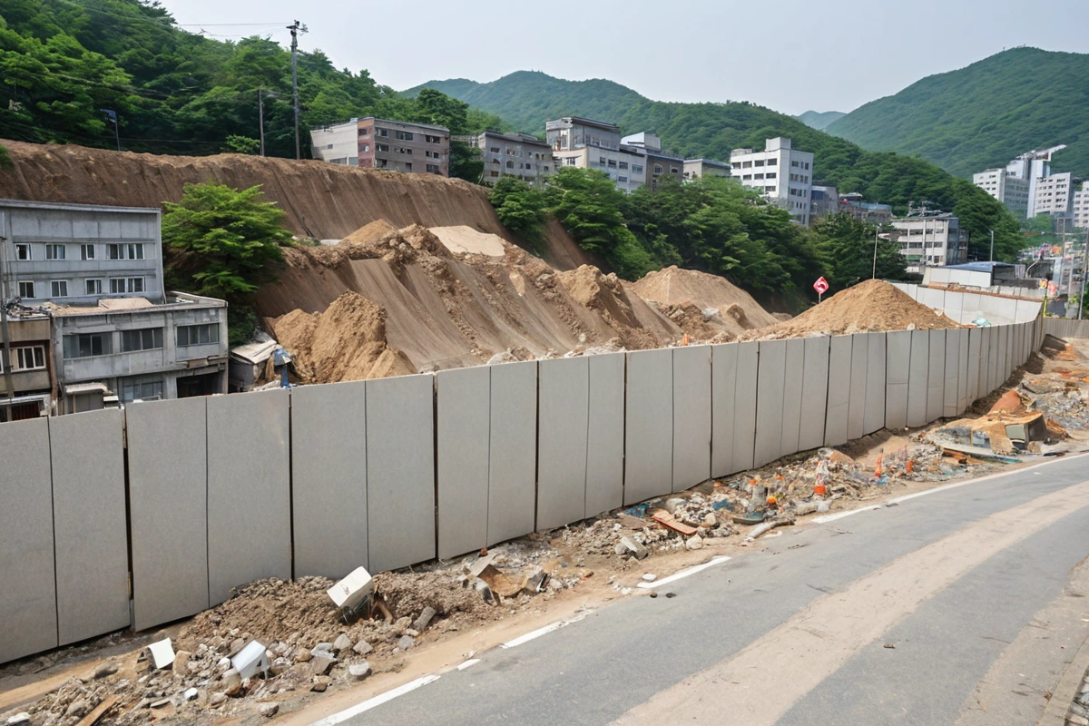 창원시 진해구 근화동의 철거 현장 주변에서, 소음과 먼지를 방지하기 위한 방진망과 소음 차단 장치가 설치된 철거 작업 현장. 주변 건물과 거리가 조화롭게 배치된 철거 작업 중인 공