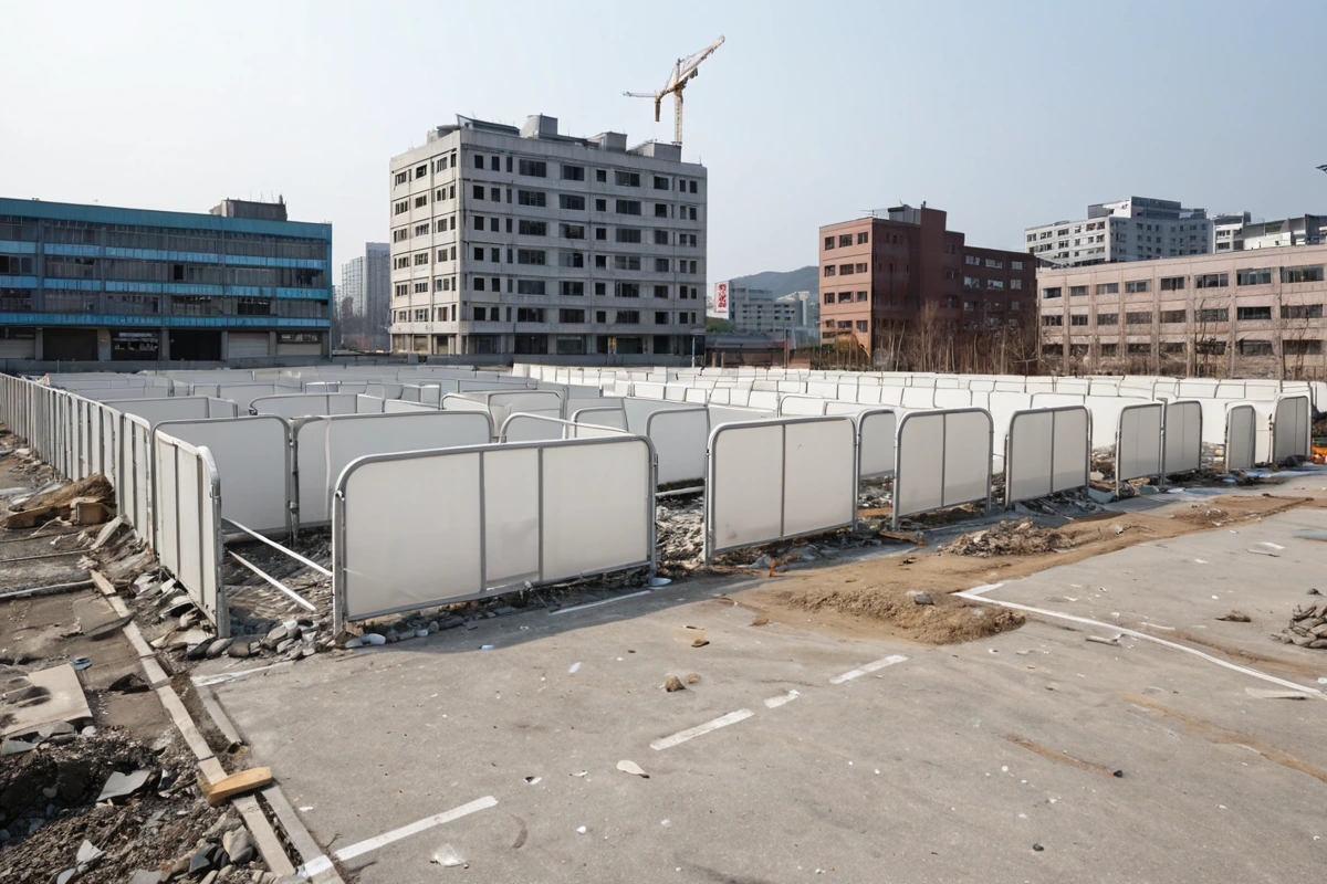 창원시 진해구 근화동 학원 근처의 창고 철거 전, 주변 학원 건물과 상가 건물 사이에 안전 울타리가 설치된 모습. 철거 작업을 방해하지 않는 안전한 간격으로 설치된 흰색 플라스틱