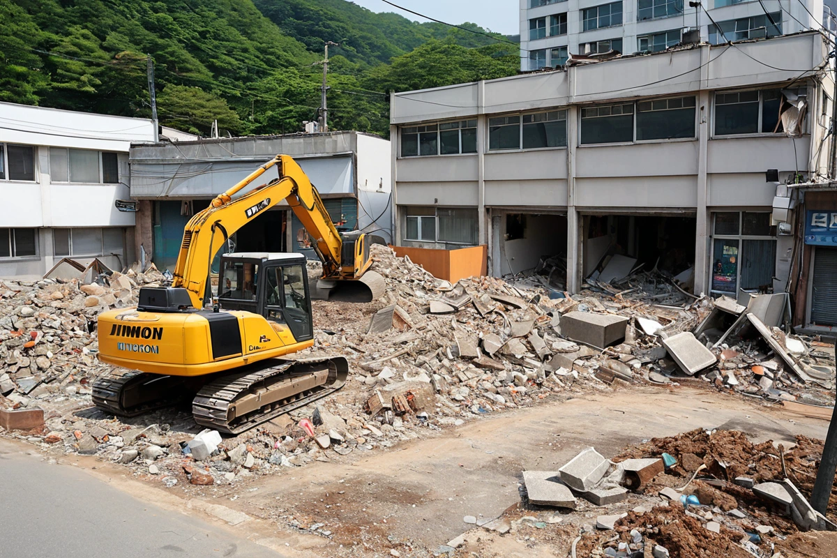 창원시 진해구 남문동 피시방 철거 현장, 먼지와 소음을 최소화하기 위한 전문 철거 장비가 작동 중인 모습, 주변 건물과의 거리가 적절히 유지된 철거 현장