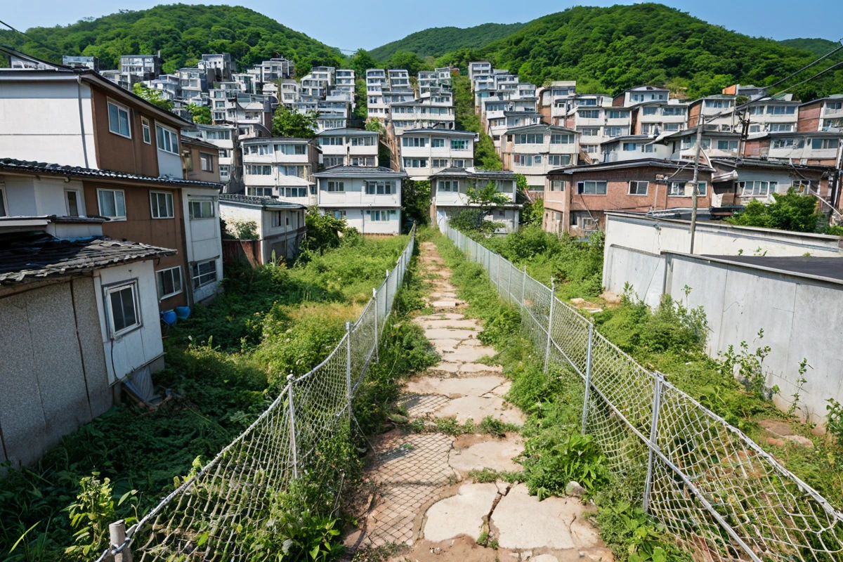 창원시 진해구 대장동 지역의 주거지 인근, 철거 작업 중인 현장 주변의 소음과 먼지 방지를 위한 철망 울타리가 설치된 모습. 건물 간 간격이 좁은 주택가의 정확한 배경을 보여주는