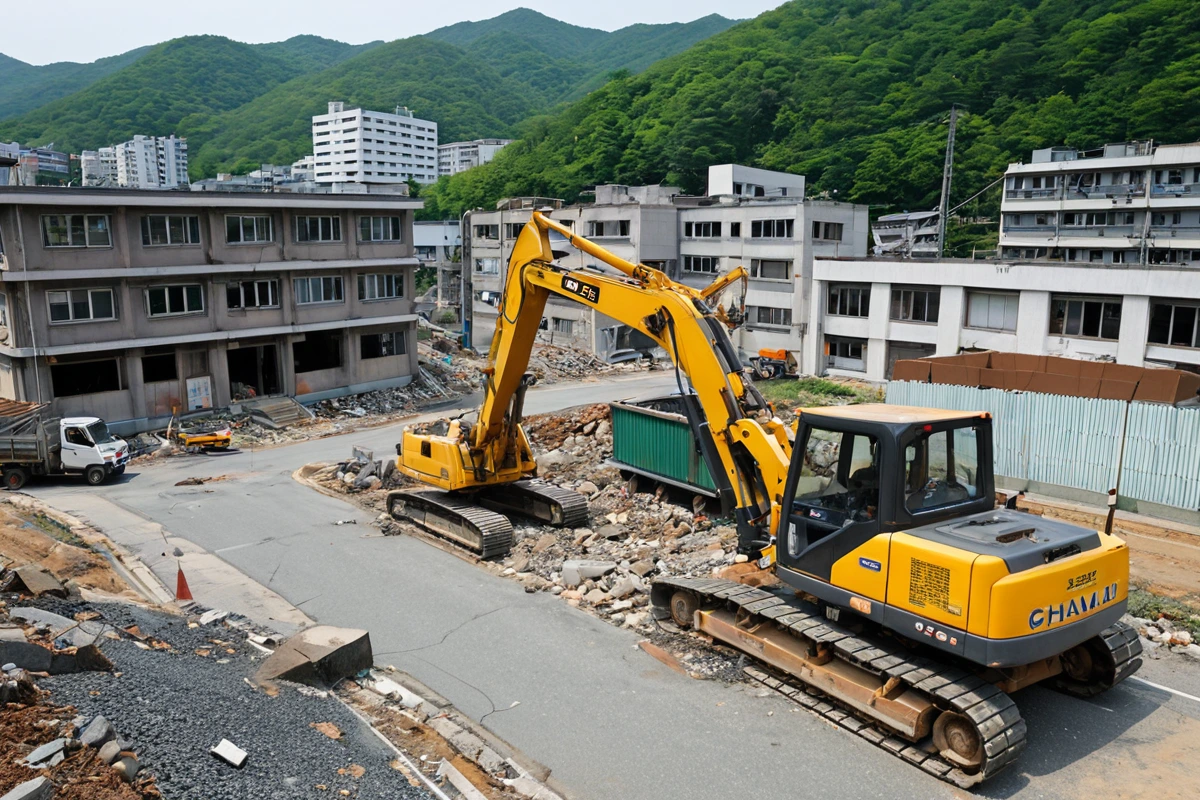 창원시 진해구 대천동의 학원 건물 철거 현장에서, 철거 장비가 철거 작업을 진행 중인 모습. 주변에는 대천동의 도로와 주택가가 보이며, 철거 중인 건물의 구조물이 정리된 채로 남아