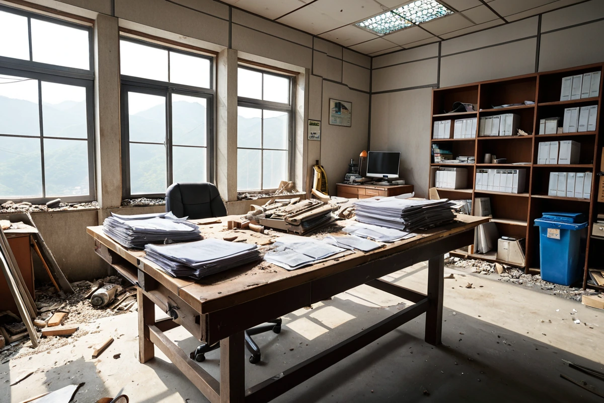 창원시 진해구 덕산동 철거 업체의 자격증과 보험 서류가 놓인 테이블 위의 장면. 철거 장비와 관련 문서가 정리되어 있는 사실적인 사진.