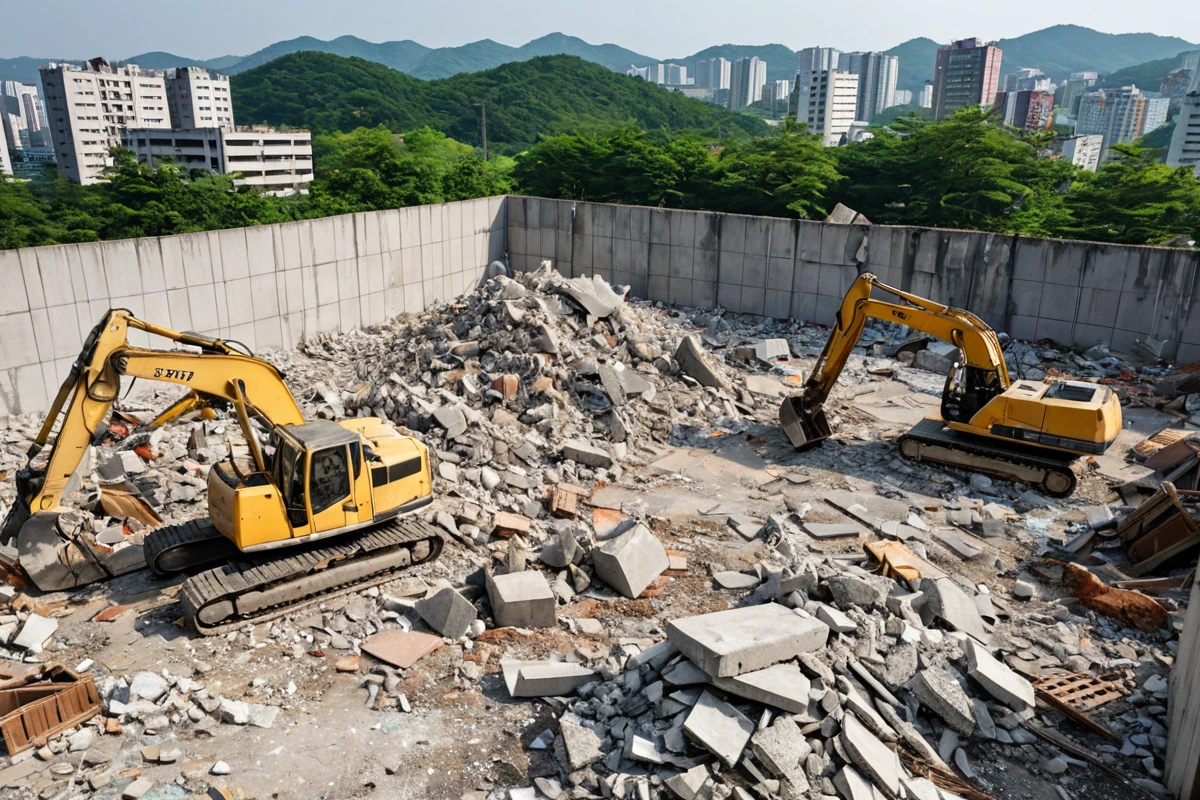 창원시 진해구 도만동의 노후된 가벽 철거 현장에서 철거 작업 중인 철거 장비가 정리된 모습. 철거된 가벽의 잔해와 철거 장비가 자연스럽게 배치된 현장 분위기.