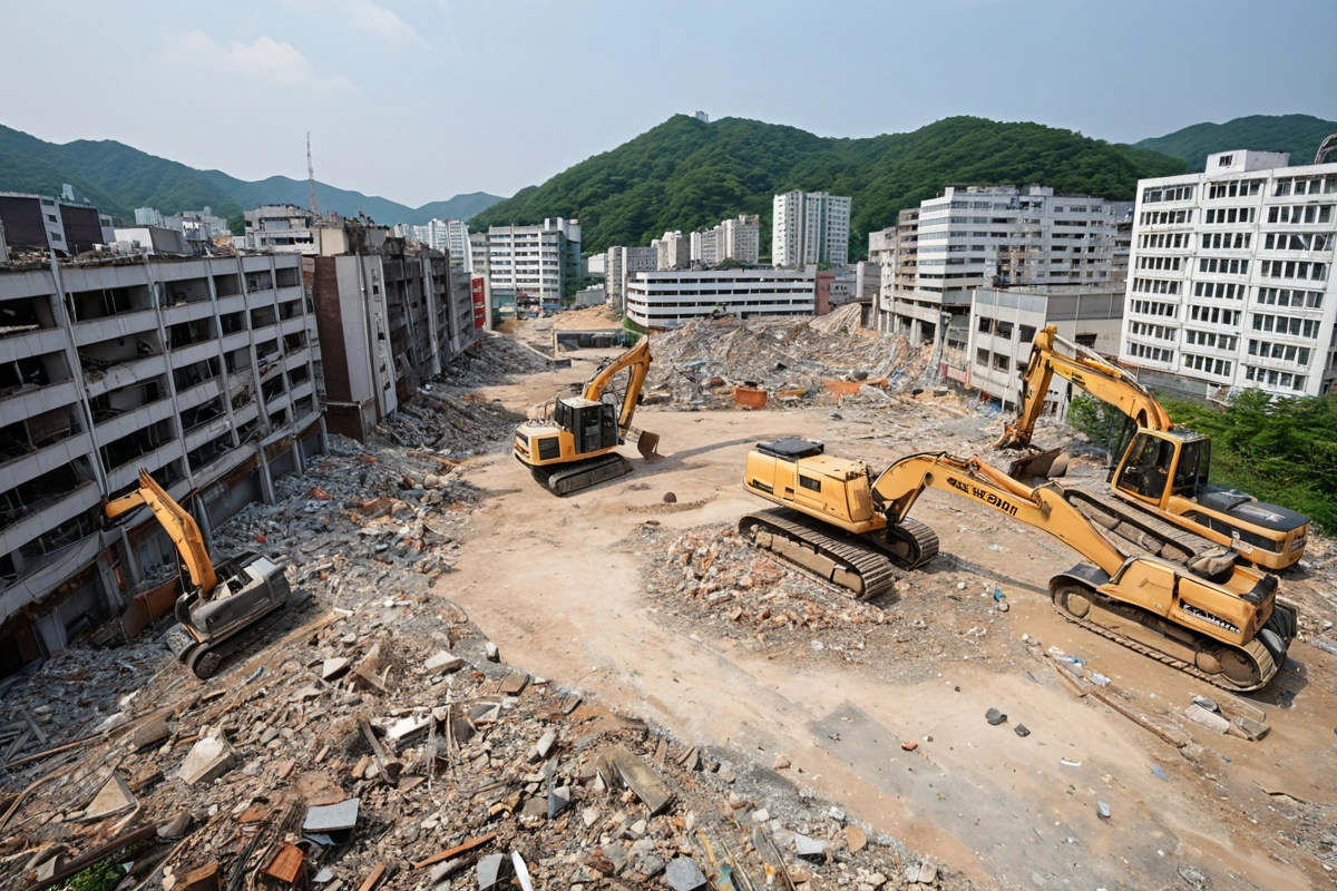 창원시 진해구 서중동 상가 밀집 지역의 철거 현장, 주변 건물과의 거리가 적절히 유지된 상태에서 철거를 준비하는 중인 구조물의 정면, 주변 시설 보호를 위한 경계선이 설치된 모습
