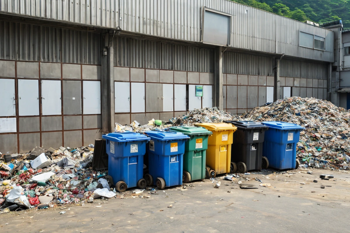 창원시 진해구의 창고 철거 현장, 폐기물 처리를 위한 정식 용기들이 철저히 분류되어 배치되어 있고, 철거 업체의 표준 규격에 맞춘 법적 안내 표지판이 벽에 부착된 모습