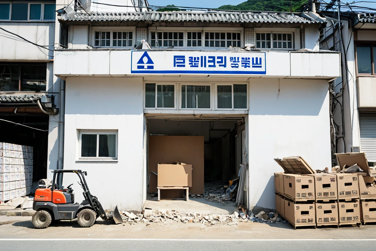 창원시 진해구의 철거 전문 업체 사무실 외부, 깨끗한 철제 간판이 달린 건물 앞에 철거 장비가 정리되어 있는 모습. 건물 벽면은 흰색으로 칠해져 있고, 주변에 철거 작업을 위한 빈