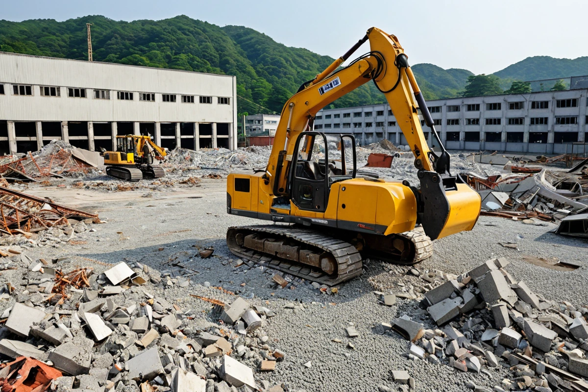 창원시 진해구 지역의 창고 철거 현장에서 철거 장비가 정리된 모습. 철거 전문 장비들이 철저히 정비되어 있고, 주변에 창고 구조물이 확인 가능한 공간이 보입니다.