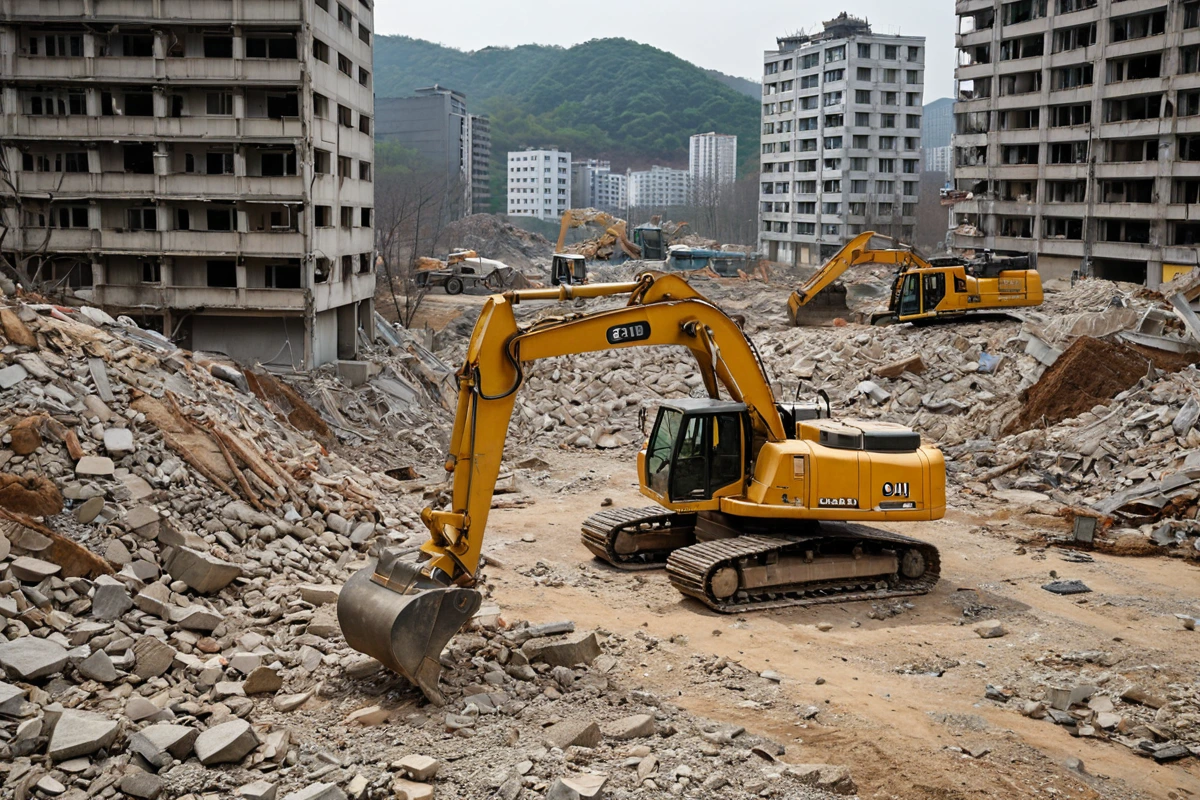 창원시 진해구 지역의 철거 현장에서, 철거 전문 장비가 준비된 상태. 구조적 안정성을 고려한 철거 계획을 수립하기 위해 현장 조사 중인 모습입니다.