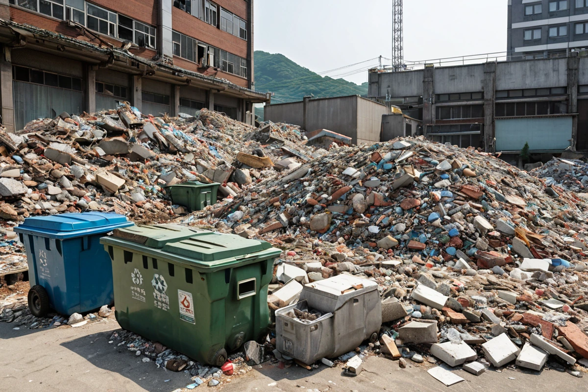 창원시 진해구 풍호동 폐업 철거 현장에서 폐기물 정리 중인 쓰레기통과 분리수거함이 배치된 모습, 철거 과정에서 발생한 건축 폐기물이 정확히 분류되어 있는 모습