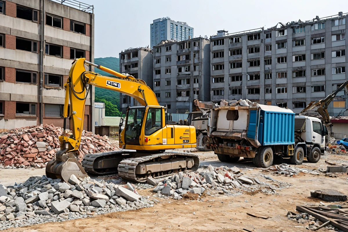 창원시 진해구 화천동 지역의 철거 현장, 철거 전문업체의 작업용 차량이 주차되어 있고, 주변 건물의 외관과 철거 준비 상태의 구조물이 함께 담겨 있습니다. 철거 계획서가 테이블 위