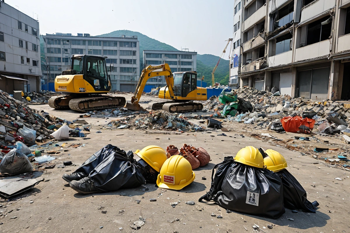 창원시 진해구 회현동 상가 철거 현장에서 인건비, 장비 비용, 폐기물 처리 비용을 나타내는 구체적인 사물들: 작업자들이 사용한 헬멧과 안전화가 놓인 채로, 대형 철거 장비의 기계 