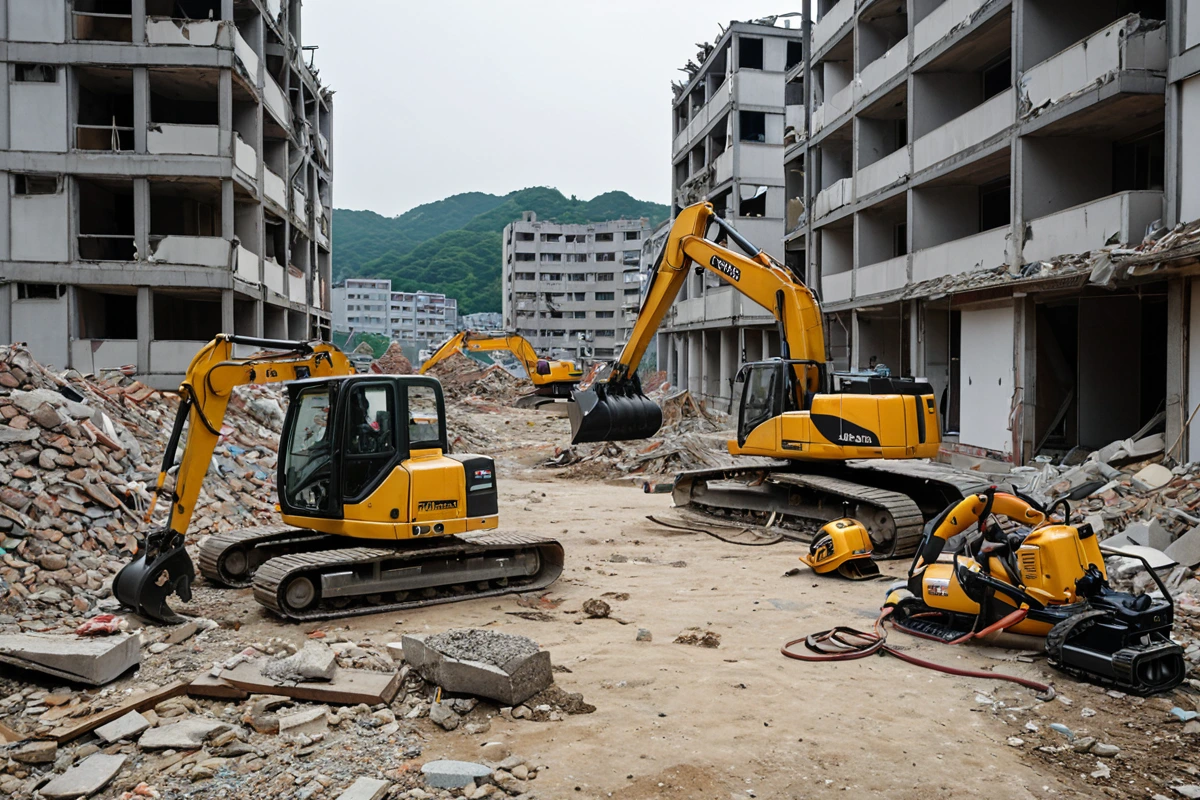 화천동 지역의 중소형 주택 철거 현장에서 진해철거 전문가가 사용하는 안전 장비와 철거 절차를 보여주는 장면. 철거 중인 건물의 구조물과 철거 장비가 정리된 배경에서 철거 작업의 효