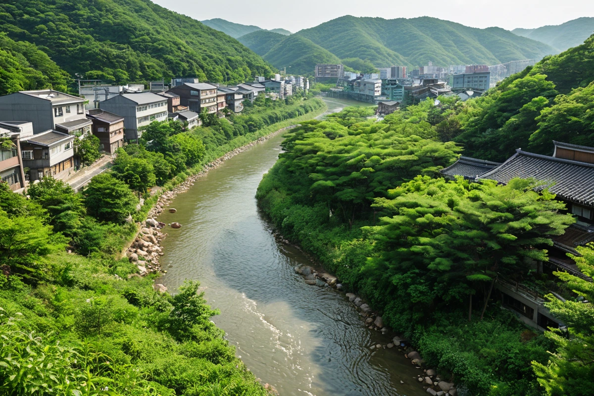 회현동 주변의 주거지역과 상업지역이 조화를 이룬 거리, 주변 식물이 건강하게 자라고 있으며, 수질 오염이 없는 맑은 강이 흐르는 자연스러운 환경