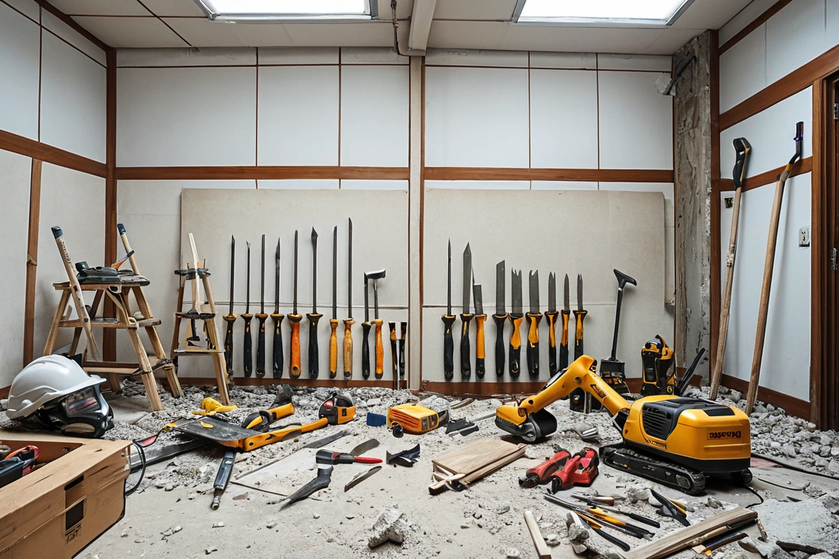 회현동 칸막이 철거 전의 원래 상태와 전문가가 사용하는 철거 도구가 놓인 작업 현장, DIY 철거 도구와 비교되는 정교한 전문 장비의 배치